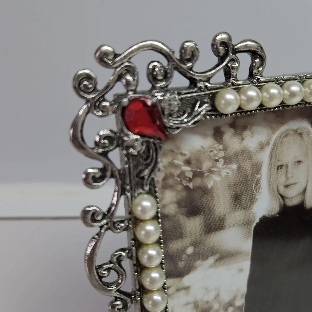 Ornate Silver Tone Red Rhinestone Faux Pearl Embellished 4